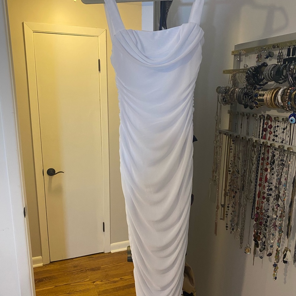White ruched knee length dress